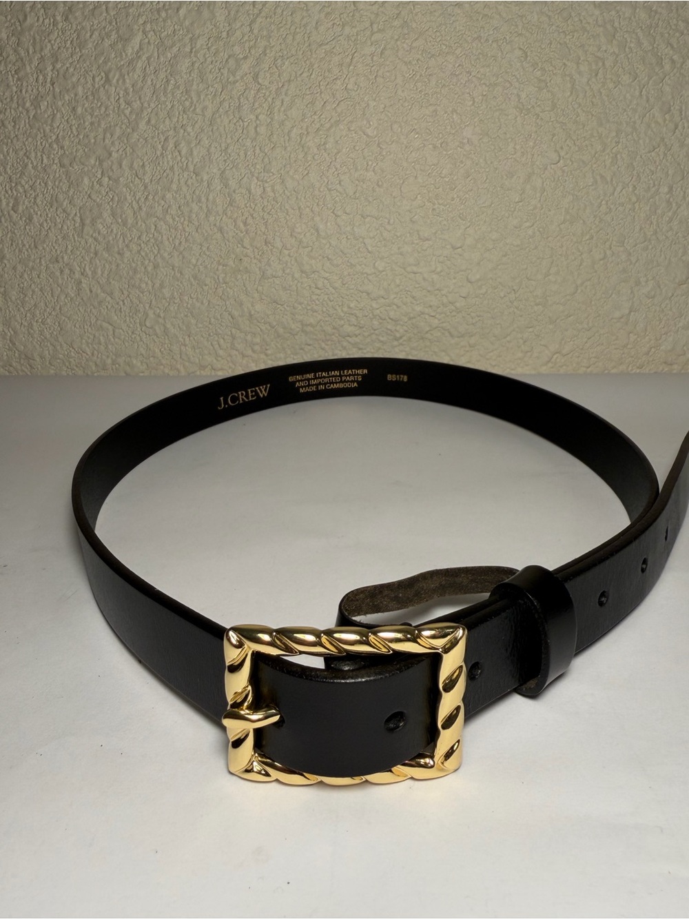 J. Crew Black Leather Belt with Gold Twisted Rope Buckle